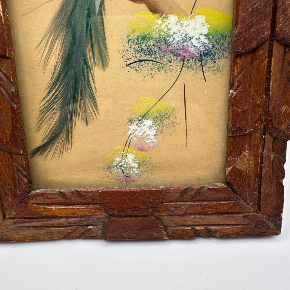 Vibrant Vintage Mexican Folk Art Feather Craft Blue Bird Picture Carved Frame - Picture 9 of 14